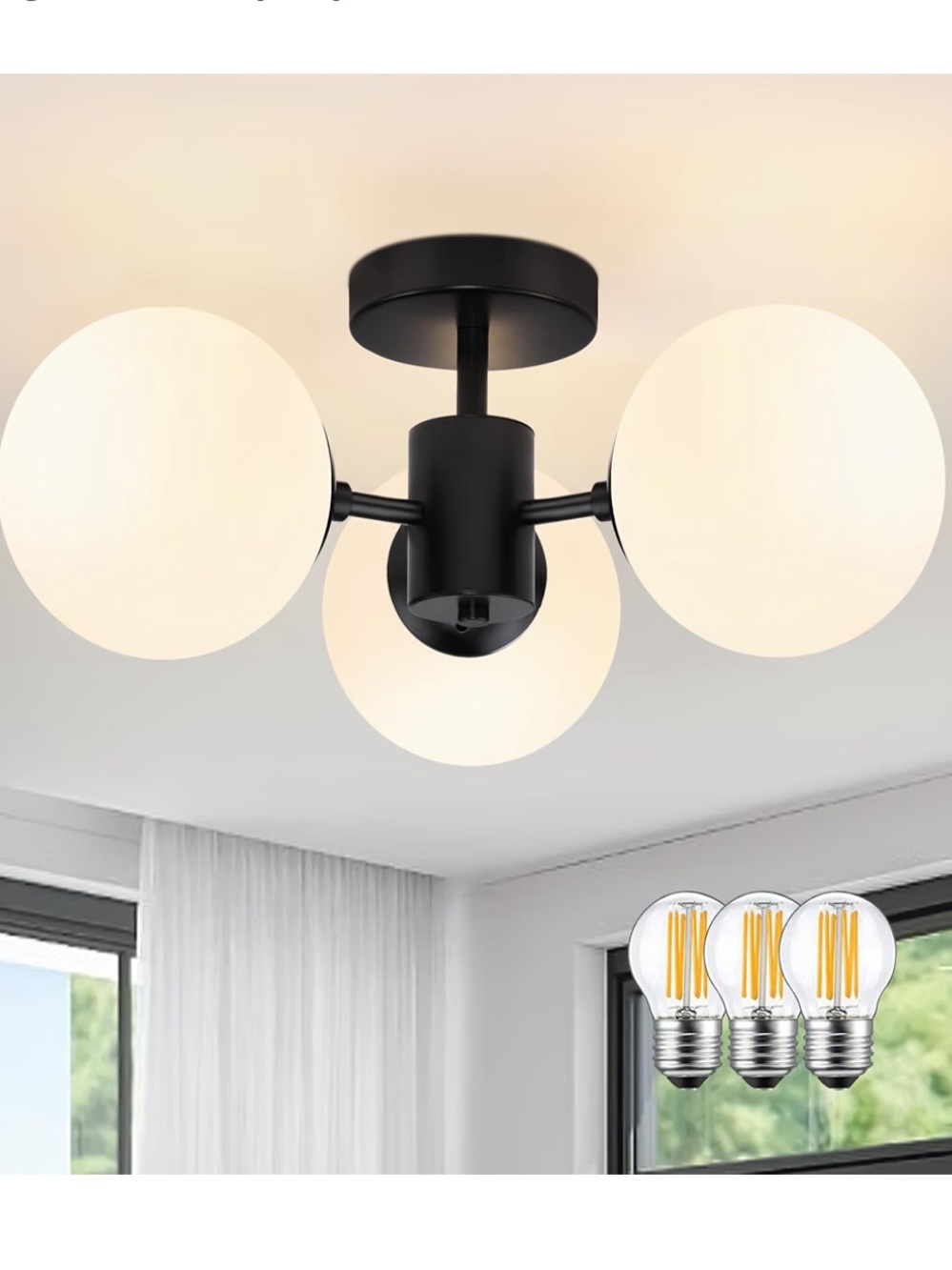 Modern 3-Globe Ceiling Light in Matte Black and White Globes